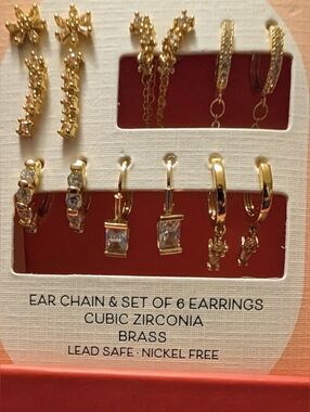 New Piper K Gold Cubic Zirconia 6-Pair Earring Set with Ear Chain